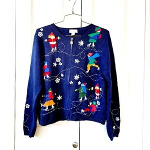 Blue Winter Ice Skating Zip Cardigan Sweater size Small Northern Isles Christmas